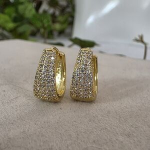 Gold Huggie Hoop Earrings CZ Pave Drop